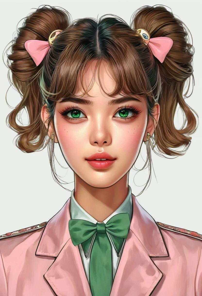 (Digital Illustration,Detailed anime style girl portrait,Solitary,symmetry),(Big colorful eyes,Fashionable and exquisite facial features,Exquisite makeup,Sweet smile,Star symbol mark on cheek,Soulful gaze,),(Fluffy high ponytails,Hairpin),(White high collar lace shirt,Green suit,Epaulettes-Chain,cool,),Clean and simple white background,(((Correct human anatomy)))