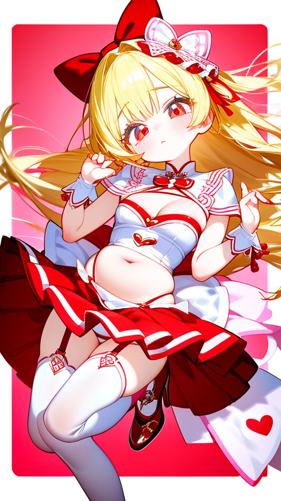 pop idol girl with a magical girl theme, blond hair, red eyes, her belly free idol outfit is colored red and white and made with an magical girl theme in mind, she is wearing matching stockings and heels also made in a macical girl style, her top gives a small glimbse of cleavage