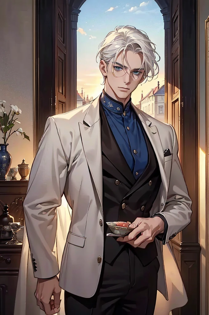 ((masterpiece:1.2, Best quality)), 4k, adult, European face, 1 person, male, mature, masculine, Beautiful, very tall, Muscles, broad shoulders, dark casual wear, White skin, medium white hair, Blue eyes, portrait, sunset, old house with apple trees.