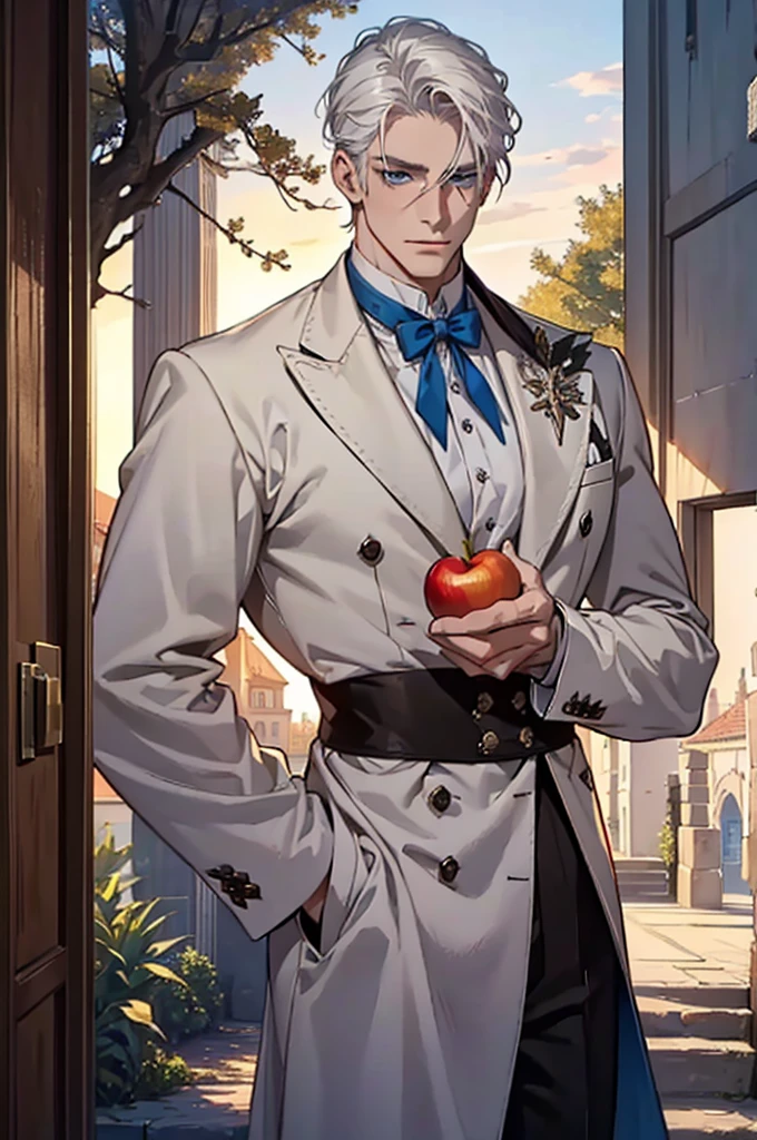 ((masterpiece:1.2, Best quality)), 4k, adult, European face, 1 person, male, mature, masculine, Beautiful, very tall, Muscles, broad shoulders, dark casual wear, White skin, medium white hair, Blue eyes, portrait, sunset, old house with apple trees. 
