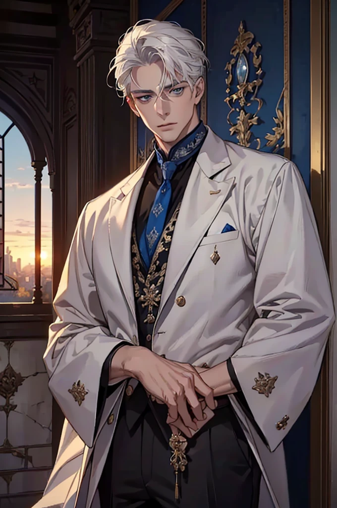 ((masterpiece:1.2, Best quality)), 4k, adult, European face, 1 person, male, mature, masculine, Beautiful, very tall, Muscles, broad shoulders, dark casual wear, White skin, medium white hair, Blue eyes, portrait, sunset, old house with apple trees. 
