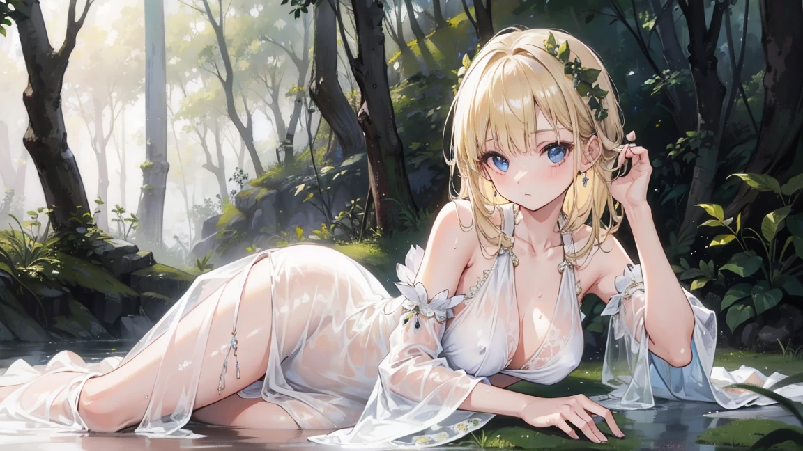 (masterpiece), (best quality), (detailed), Light Layer, 1 Solo Girl, Young girl in the forest, Sexy Sheer Colonial Dress, Perfect body, Blonde hair, Clear , Well-defined collarbone, surreal, lifelike, detailed, Perky transparent nipples, Wet clothes,