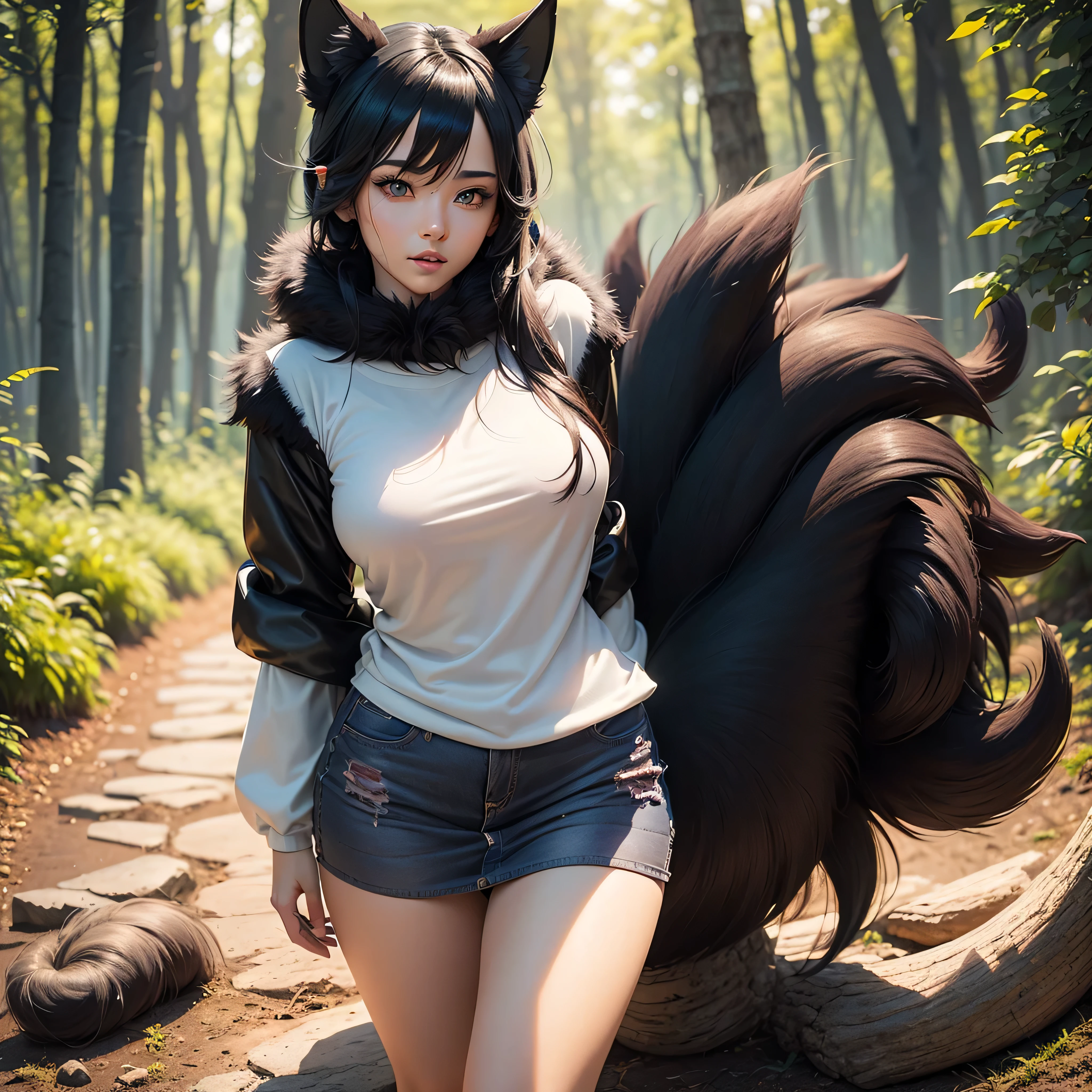 (full body shot at distance ) , (((1girl))), (realistic fox-girl with black hair and nine tails) , (nine tails with black fur:2.2) , (image centered on subject with her tails spread behind her:1.5) , (beautiful human face, high cheekbones, green eyes  fox ears) , (very detailed sinto clothes:2.3) , inspired by Sugimura Jihei, delicate and fine, (tentacles:fox tails:0.5), white form, inspired by Sōami, jormungand, mystical creatures, realistic, ultra detailed, dynamic pose, sunrise lighting, detailed forest background