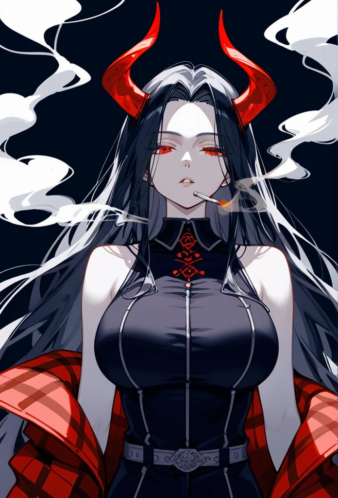 masterpiece, Score_9, Score_8_up, Score_7_up, front view, 1 woman, alone, black hair with red, long hair, parted bangs, dark red eyes, half-closed eyes, parted lips, expressionless, pale skin, large breasts, body suit , black background, best quality, horns up, long open bangs, Sleeveless shirt, Black V-neck, black and red flannel pants, Castlevania, Smoking