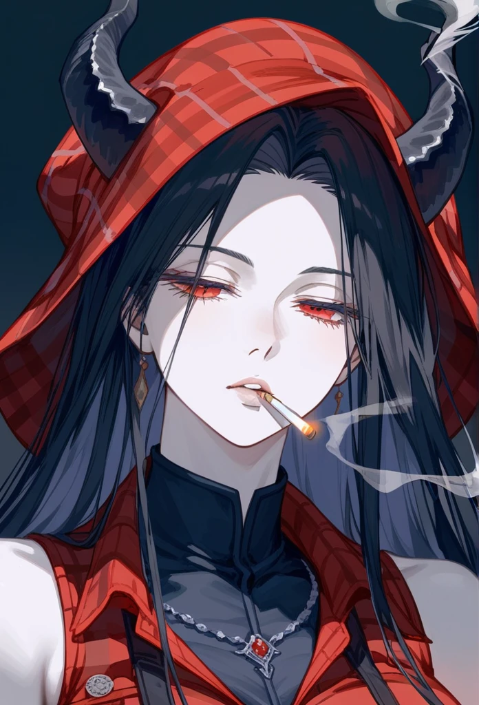 masterpiece, Score_9, Score_8_up, Score_7_up, front view, 1 woman, alone, black hair with red, long hair, parted bangs, dark red eyes, half-closed eyes, parted lips, expressionless, pale skin, large breasts, body suit , black background, best quality, horns up, long open bangs, Sleeveless shirt, Black V-neck, black and red flannel pants, Castlevania, Smoking