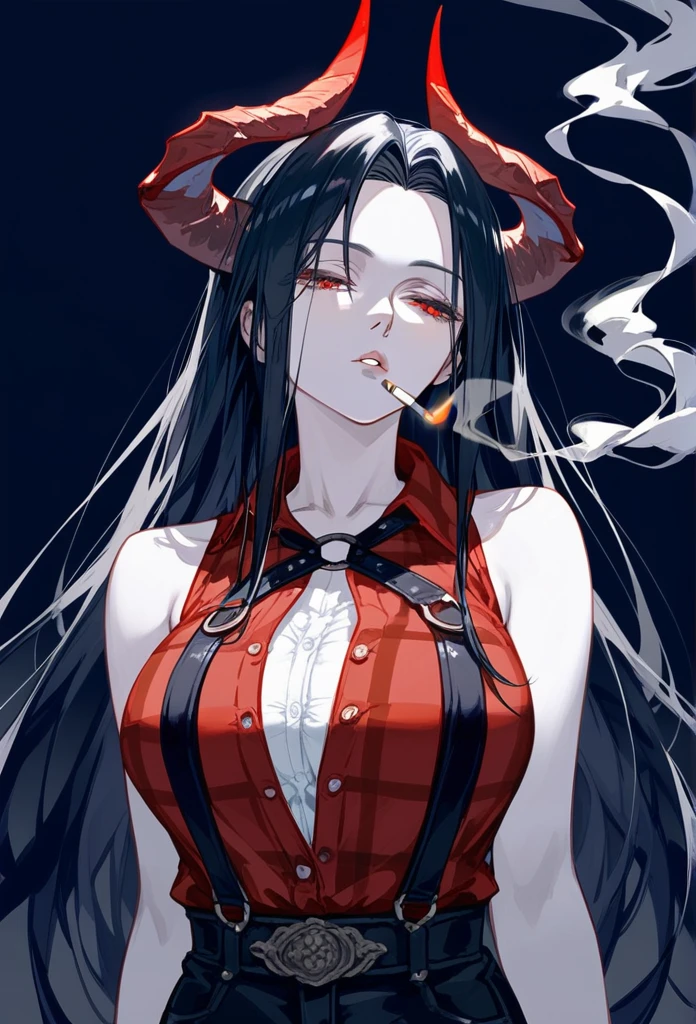 masterpiece, Score_9, Score_8_up, Score_7_up, front view, 1 woman, alone, black hair with red, long hair, parted bangs, dark red eyes, half-closed eyes, parted lips, expressionless, pale skin, large breasts, body suit , black background, best quality, horns up, long open bangs, Sleeveless shirt, Black V-neck, black and red flannel pants, Castlevania, Smoking