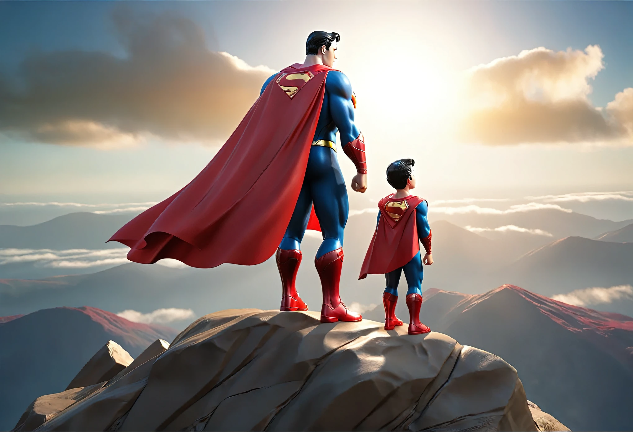 Superman and his son standing on top of a mountain, wearing a red cape, facing the sun, cinematic, dramatic lighting, muscular figure, heroic pose, epic, highly detailed, realistic, photorealistic, 8k, hyper detailed, intricate details, intense shadows and highlights, cinematic composition, dramatic color palette, golden hour lighting, volumetric lighting, glowing cape, awestruck expression, powerful presence