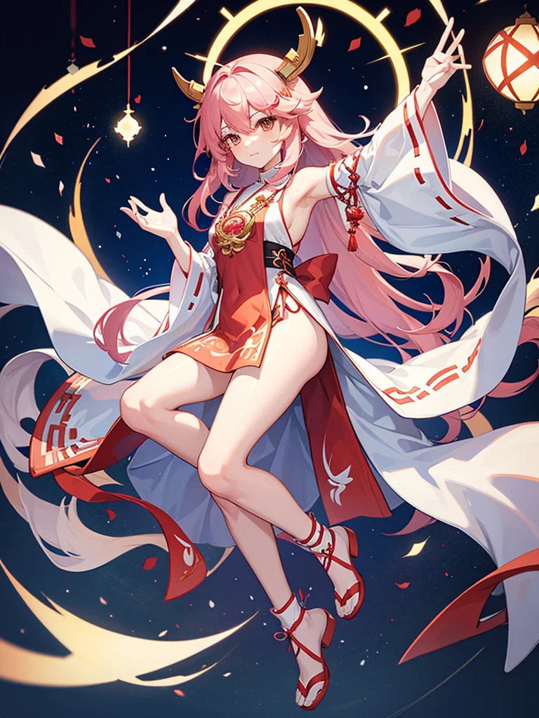 miko dress, big chest, withe hair, goat horn, Hand in hand.,full body