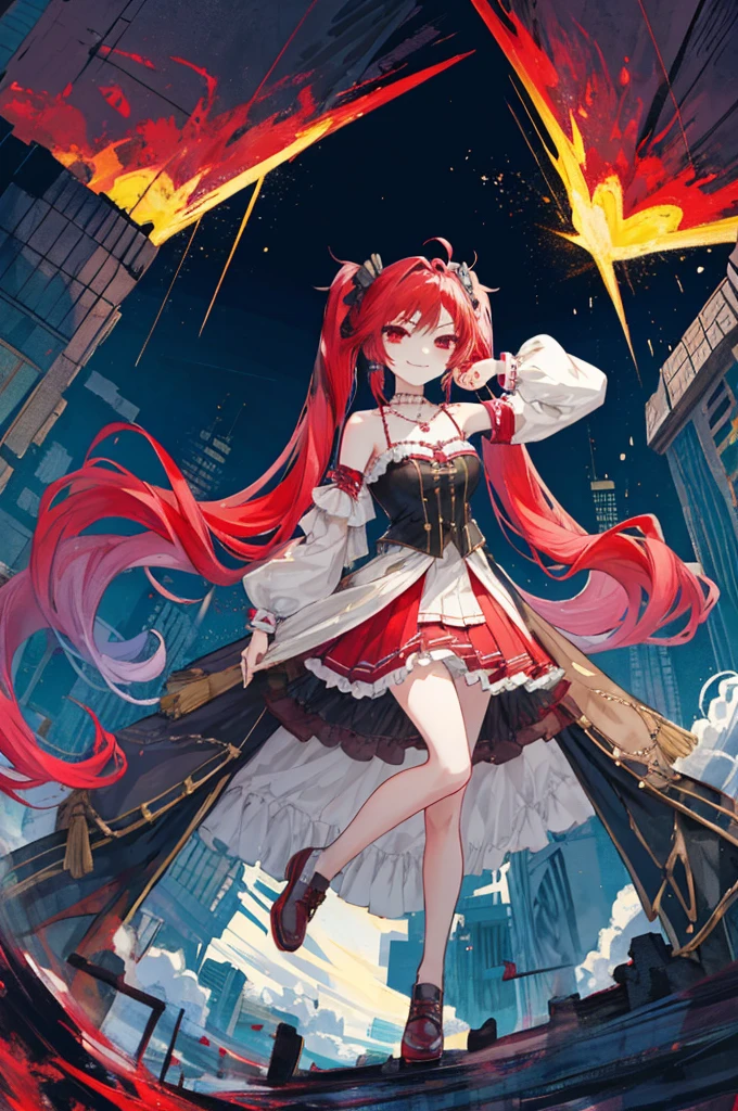 {{Eroge,Game CG,High quality game CG},{{{1girl in}}},{{masutepiece}}, {{{Best Quality}}}, {{Ultra-detailed}}, {{Illustration}},,{{magical little girl}},brooches,,,, {{disheveled hair}},,Big hair, Gradient Hair,Small breasts,,,Drill Hair, {pocket watch},absurdly long hair, Dreadlocks, Red hair, Red hair,Red hair,Gradient Hair,((Evil smile)), v shaped_eyebrows, zettai_ryouiki,,,, floral print and pleated skirt. Add accessories like fringed earrings or a statement necklace.、Complete the look. Gather on the grassland with adventurers,burning city background,((Shoulders and arms are exposed)),(Evil smile),Furious,(Evil smile),(loli girl),(loli girl),Jewel-like red eyes,(Arms Exposed),((high twintails)),twintails, girl,((full body)),angry,burning city,turn around to look at me,slender body,mini skirt,