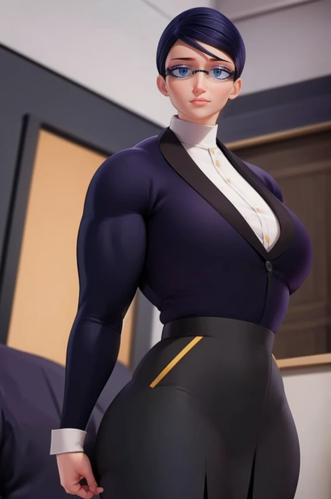 a muscular female bodybuilder in office suit, detailed face, beautiful detailed eyes, beautiful detailed lips, extremely detailed face and muscles, long eyelashes, strong muscles bulging through suit, dynamic pose, professional studio lighting, hyperrealistic, 8k, high quality, photorealistic, physically-based rendering, concept art, dramatic color palette,(from behind big ass,face looking at left side)