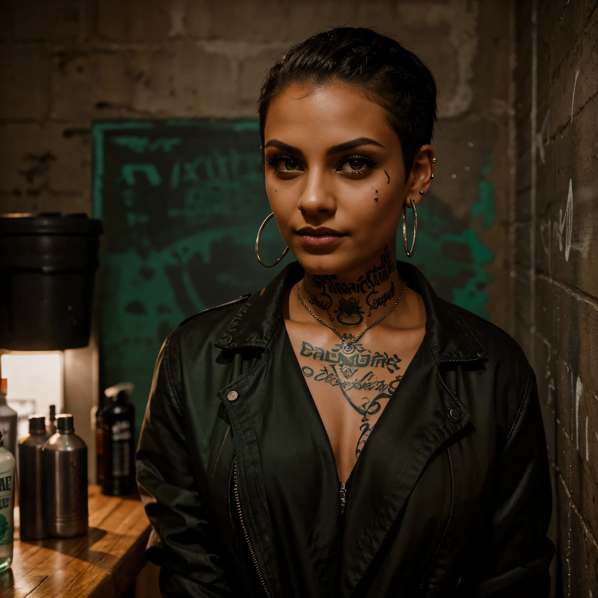 Brown woman with shaved hair with green eyes tattooed on her cheek and neck with a piercing in her nose and ear in a bartender uniform wearing a black jacket and black pants behind her a wall spray-painted at night the photo medium short shot