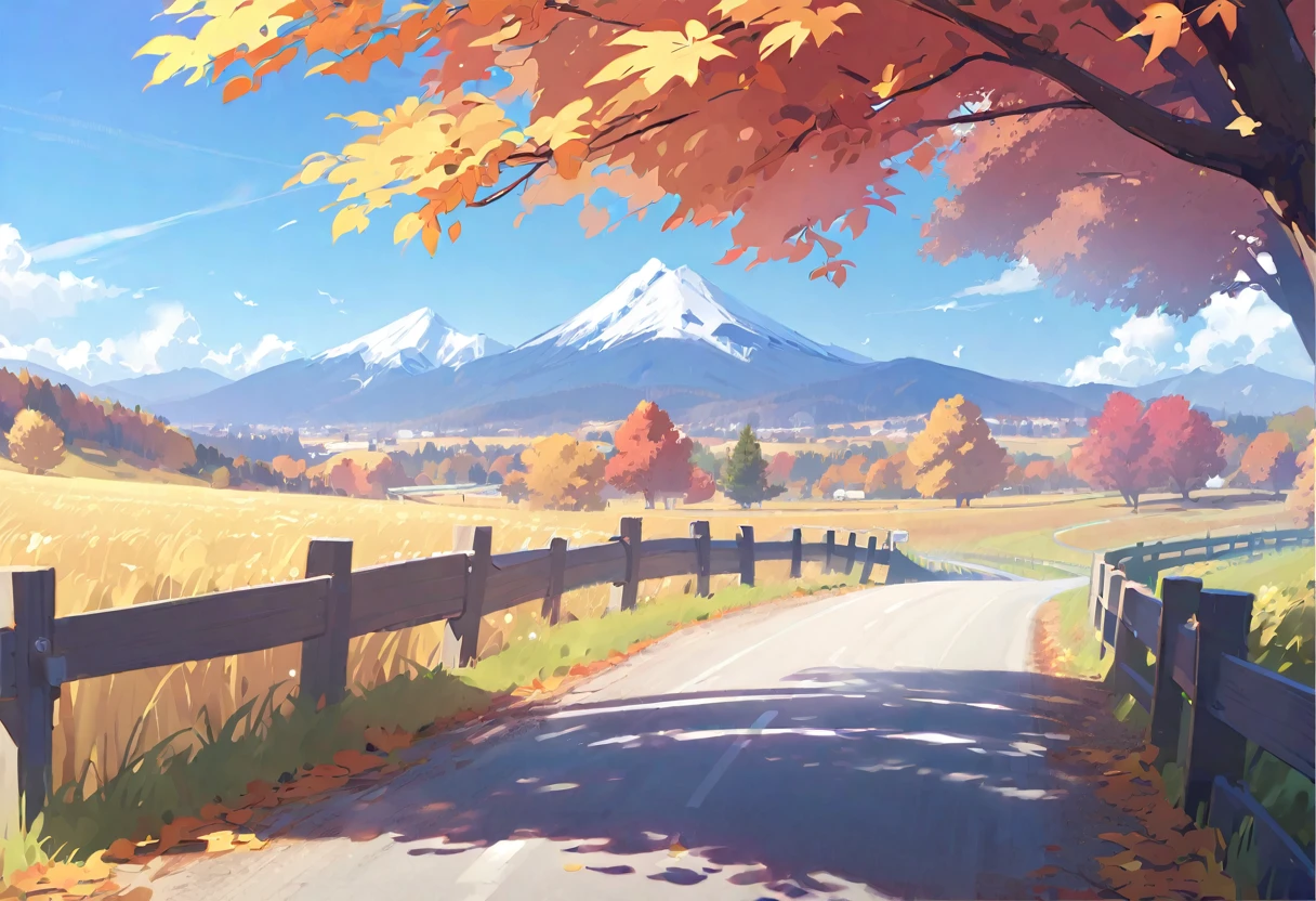 Country roads in autumn, blue sky, Mountains in the distance