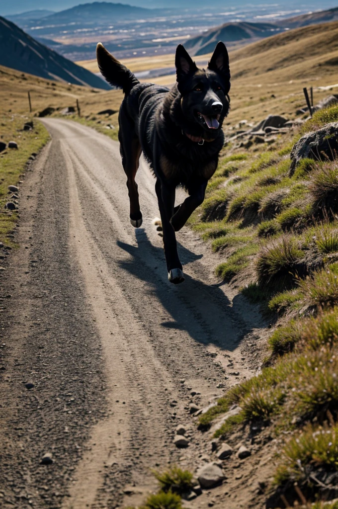 Create an image of a Belgian Shepherd dog running on a mountain