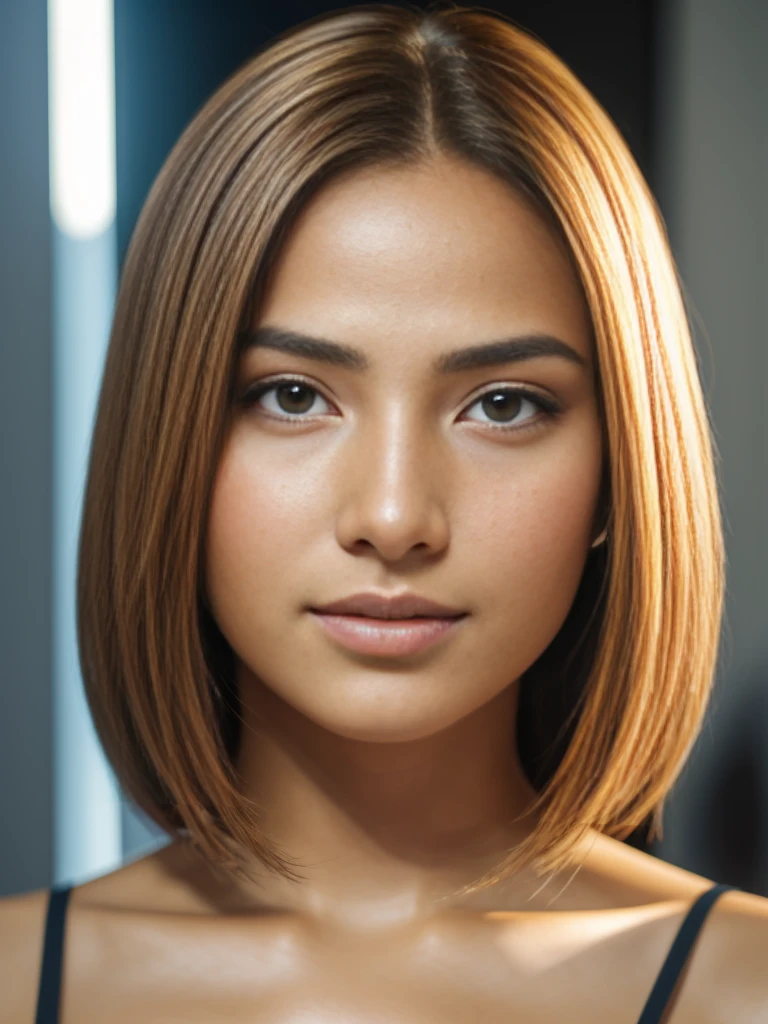 melhor qualidade, ultra high resolution, (fotorealista:1.4), Obra de arte, 1 garota, marrom skin color, marrom_olhos, de_back, pelagem_trim, Cabelo_sobre_um_olho, lips, longo_Cabelo, inventar, olhando_no_visualizador, olhando_voltar, nariz, foto_(average), fotorealista, realista, Sozinho, dentes, superior_corpo, filmado com Sony Alpha a9 II e Sony FE 200-600mm f/5.6-6.Lente 3G OSS, nnoural ligh, hyper realista fotograph, Ultra detailed –AR 3:2 –q 2 –s 750