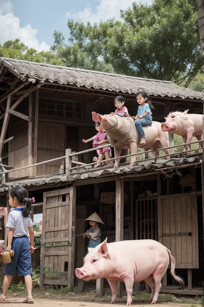 Create a picture of a Vietnamese  riding a pig with other Vietnamese children looking on 