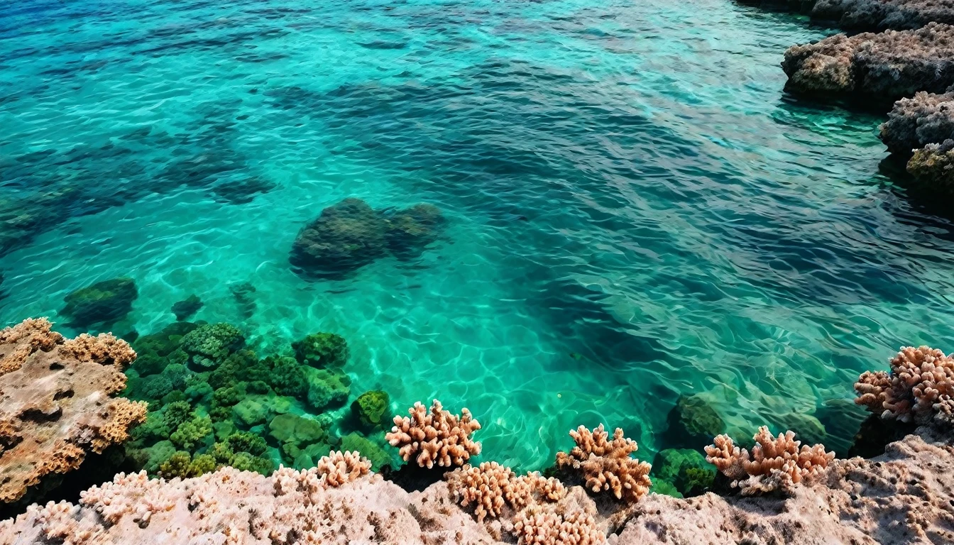 view of the sea surface with beautiful coral rocks. Beautiful abstract background concept banner for summer vacation at the beach.