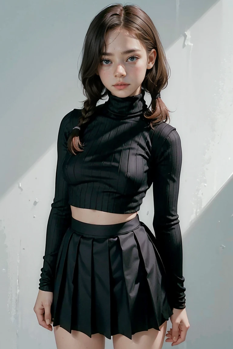 1girl, ginger, freckled face, face freckles, rosy, contemptuous look, athletic body, 1 girl, solo, pigtails haircut,pale skin, bigbust, stand sexy pose, beautiful, ((pleated skirt)), ((black turtleneck)), cold palette, simple background