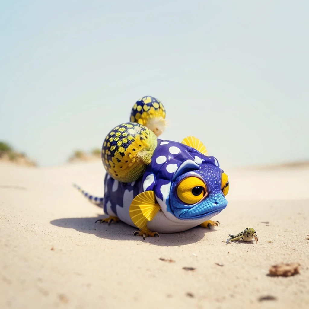 Small Animals, pufferfish mixed with House lizard, has white and purple stripes on its body, Grassroots, no background, (has beard), ((no eyes))