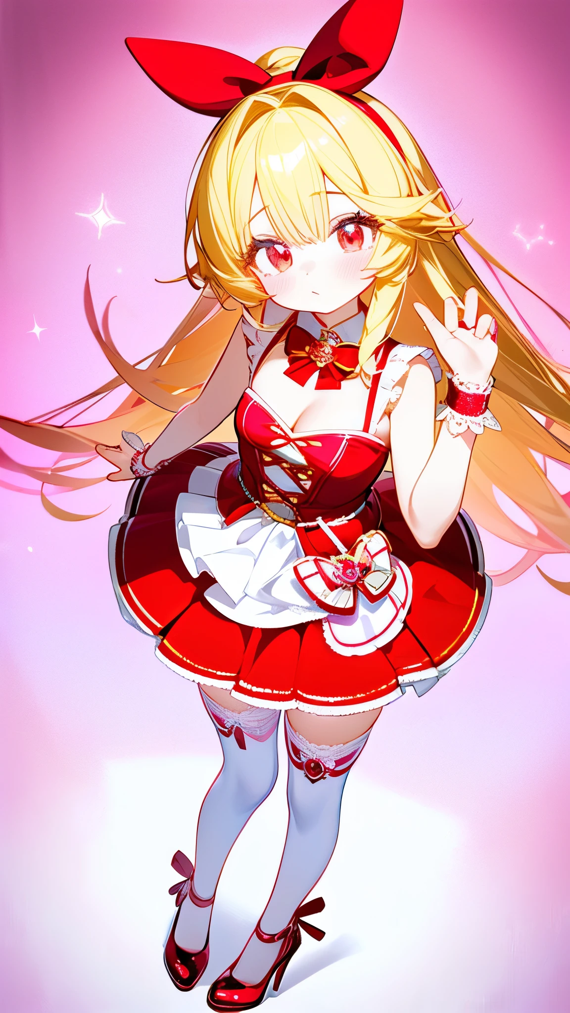 pop idol girl with a magical girl theme, blond hair, red eyes, her idol outfit is colored red and white and made with an magical girl theme in mind, she is wearing matching stockings and heels also made in a macical girl style, her top gives a small glimbse of cleavage