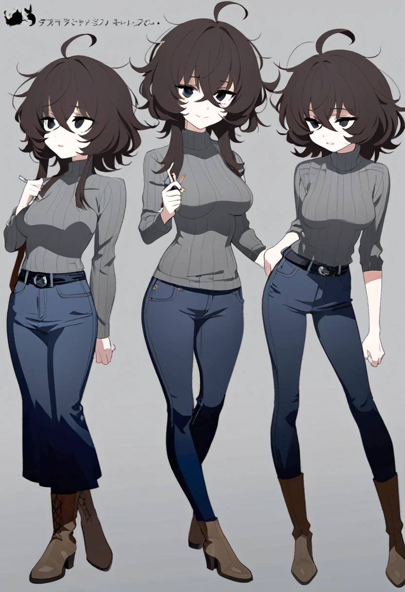 One Woman,Downer,older sister,Concept Art,Dark brown hair,Straight hair with slight inward curls,Staring eyes,Eye Ridge,black eye,Crossed bangs,whole body,smile,Slightly larger breasts,Gray background,Bangs that reach down to the eyes,Messy hair,Tight dark jeans,Gray turtleneck sweater,Multiple views of the same character,Character Design,Dark circles under the eyes,Bad look,Listless,Sloppy,accessories,Cafe staff,Holding a cigarette,whole bodyCharacter Design,Detailed hands,Height: 170cm,boots,