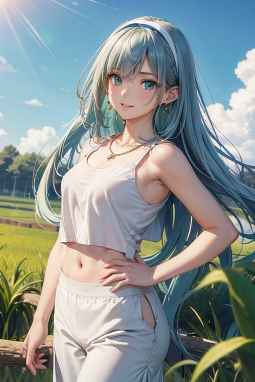 #Basics A girl is posing for a photo, animeのかわいい女の子, (((One Girl, , 16 years AK
#Clothing Accessories
(Black T-shirt:1.4 + (Knee-length wide-leg pants in matcha green:1.4) + sneakers),
(big silver necklace, Silver earrings),
BREAK
#Features
(Light blue hair:1.4, amount:1.4, Chest-length sideburns, Long Hair : Hair fluttering in the wind + Very long hair + Curly, voluminous hair that spreads out to the sides, White Headband),
(Droopy eyes,blue eyes), (Small breasts),
BREAK
#expression
(smug face, Wicked Smile),
#background environment
((noon, Sunshine + Paddy field + Rural landscape + rainbow)),
#composition
(Face the viewer:1.4, Aggressive Pose, Cowboy Shot:1.4),
BREAK
#Body parts elements
(Beautiful Hair,Shiny Hair),
(double eyelid, Long eyelashes),
(Expression of fine eyes, Beautiful and delicate eyes, Sparkling eyes, Eye Reflexes),
(Human Ear),
(Beautiful Nose, Thin Nose),
(Glossy lips, Beautiful Lips, Thick lips), (Symmetrical facial features),
(Detailed skin, Textured skin, Beautiful Skin),
BREAK
#Quality
(((Highest quality)), ((masterpiece)), ((Very detailed))), ((High resolution), (16k,1080p)),
(Realistic), (Anatomically correct),
((comics, anime)), (3DCG), CG illustration,