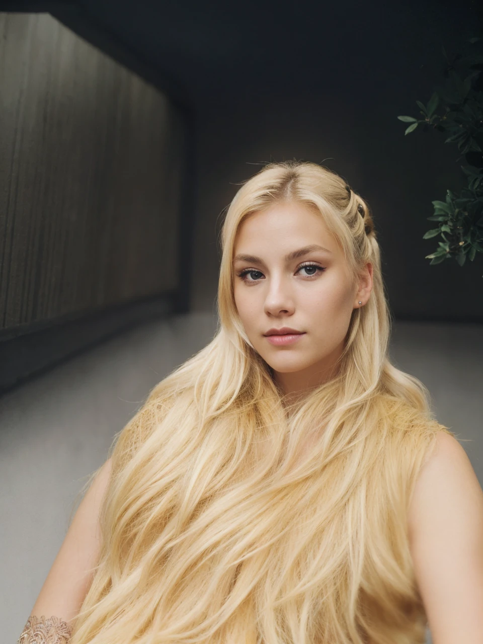an eye contact of a blond with bun hair and dark theme