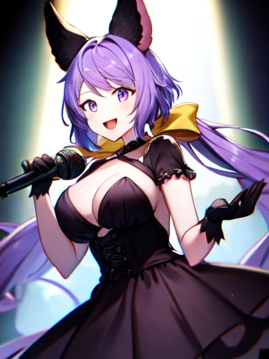 stage, microphone, holding microphone, microphone stand, 
View the viewer, Upturned eyes, Bright Face, Wink,
Very slender girl, Very short girl, , Large Breasts, Mid-chest,
Satyr , Twin tails, Very long hair, Purple eyes, bangs, Light purple hair, Animal ears,  low Twin tails, Very long hair, hair ornaments,   Hair Ribbon, Idol Dress, Black Dress, Black Skirt, Elbow hand pockets, Black gloves, No sleeve, Yellow ribbon,