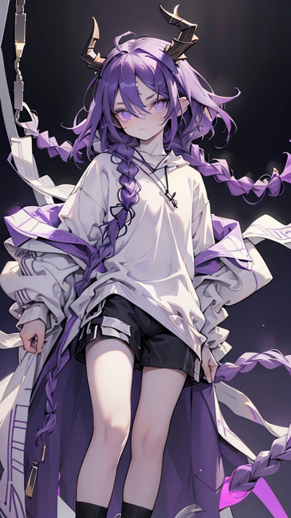 Boy open forehead. Long dark purple hair braided on the left side. Black horns with white ribbon. pale violet eyes. Long white t-shirt. Dark purple shorts. Dark purple knee socks. Robe with a white hood with an ornament of gold rings. Concrete walls purple light