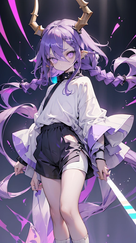 Boy open forehead. Long dark purple hair braided on the left side. Black horns with white ribbon. pale violet eyes. Long white t-shirt. Dark purple shorts. Dark purple knee socks. Robe with a white hood with an ornament of gold rings. Concrete walls purple light