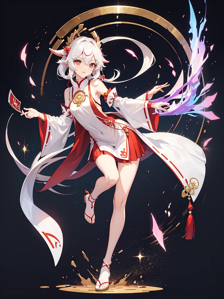 miko dress, big chest, withe hair, goat horn, full body