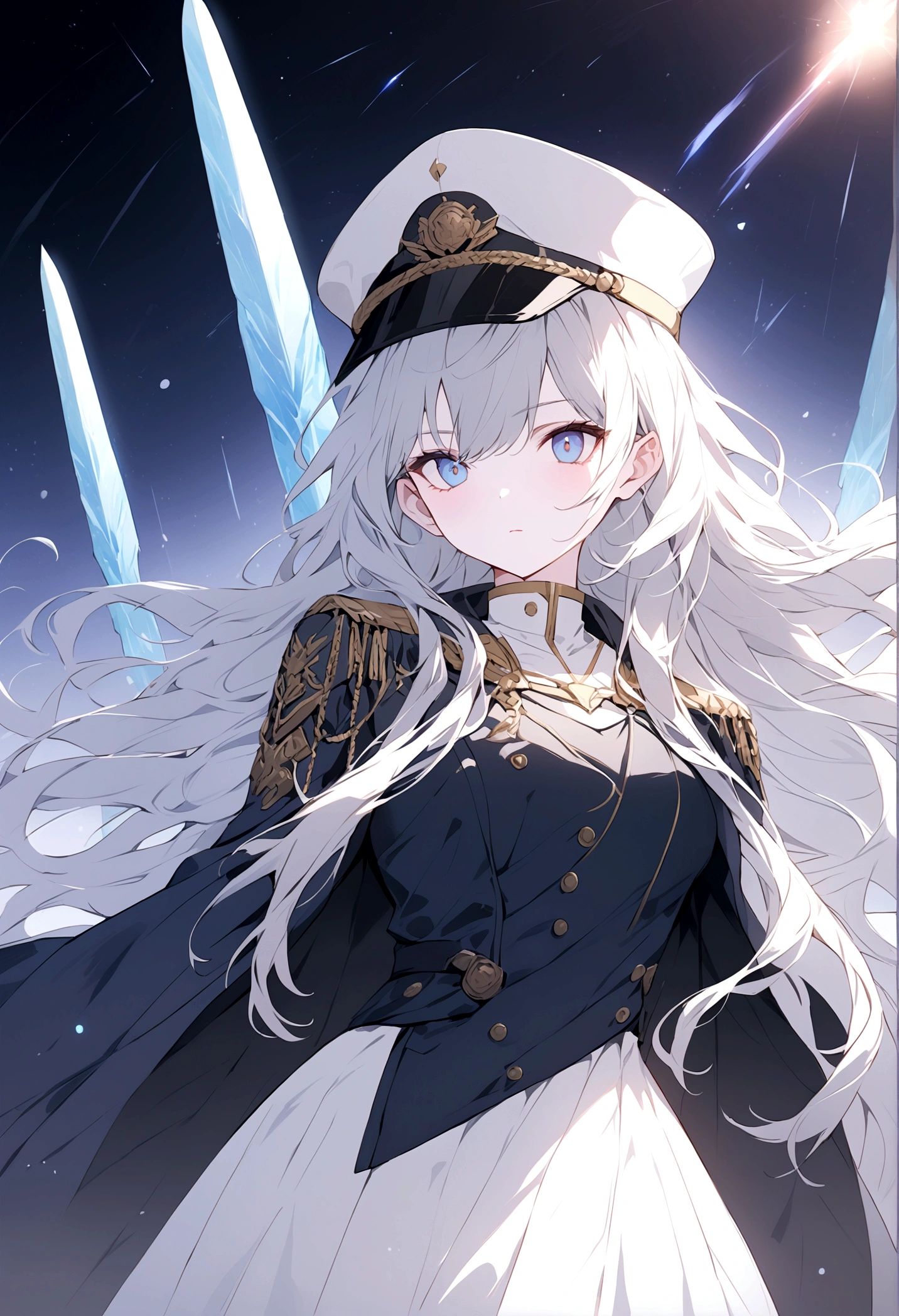 Visualize a female galactic military commander, a figure of authority and strategy, leading her vast fleet into the heart of battle. Her hair is a striking white, with strands of blue that add an otherworldly beauty to her appearance. She is dressed in a modern high tech uniform that speaks to her rank, complete with a commander’s hat that signifies her leadership. Draped over her shoulders is a dark blue robe, flowing and regal, a contrast to the starkness of space. In her hand, she holds a legendary sword that radiates with a soft blue light, symbolizing her prowess and the ancient power she commands. The commander stands firm in the midst of an intergalactic conflict, her face set in a serious expression that reveals her unwavering resolve and the weight of command. Her presence alone commands respect and exudes the confidence of a seasoned war leader.