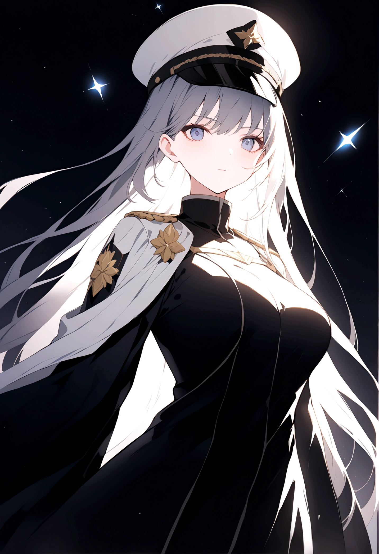 Visualize a female galactic military commander, a figure of authority and strategy, leading her vast fleet into the heart of battle. Her hair is a striking white, with strands of blue that add an otherworldly beauty to her appearance. She is dressed in a modern high tech uniform that speaks to her rank, complete with a commander’s hat that signifies her leadership. Draped over her shoulders is a dark blue robe, flowing and regal, a contrast to the starkness of space. In her hand, she holds a legendary sword that radiates with a soft blue light, symbolizing her prowess and the ancient power she commands. The commander stands firm in the midst of an intergalactic conflict, her face set in a serious expression that reveals her unwavering resolve and the weight of command. Her presence alone commands respect and exudes the confidence of a seasoned war leader.