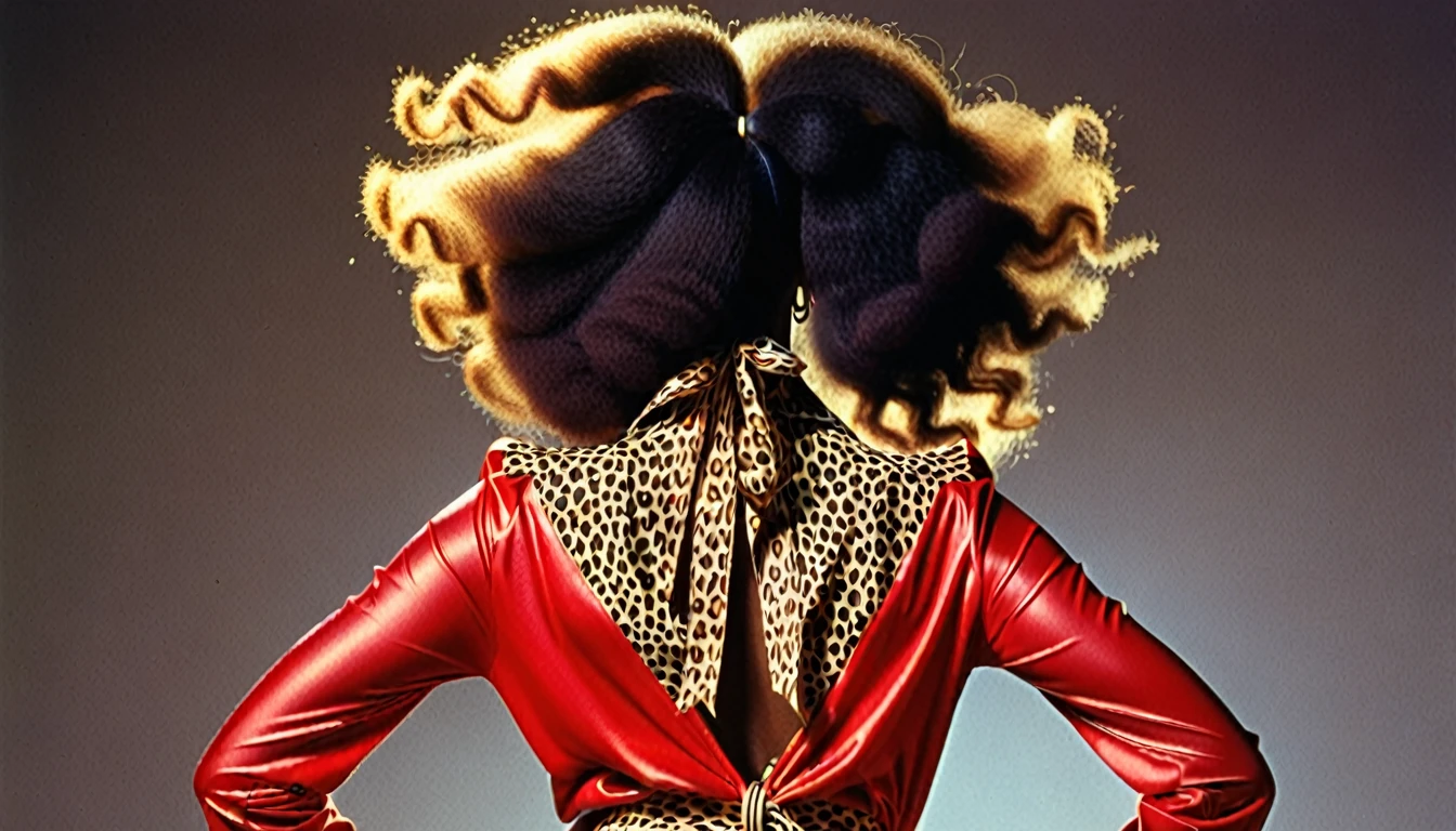 1970s photo of African-American female rapper "Sexyy Red" wearing 1970s attire, from behind