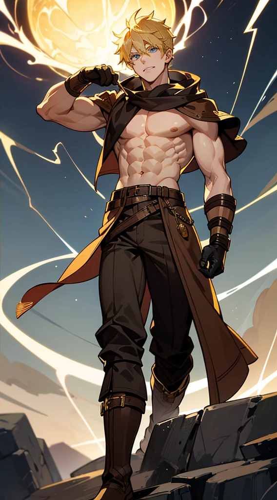 Handsome man, yellow hair, very short hair, ((teeth cut: 1)), blue eyes, fair skin, ((muscular: 1)), man, 28 years old, no shirt, muscular, golden details, brown leather shawl , baggy pants, gray boots, black and brown belts, black boots, brown gloves, lots of belts master of lightning, zeus, electricity, lightning, body set
