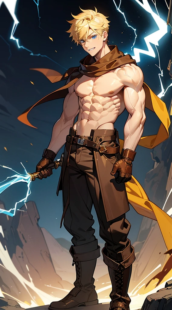 Handsome man, yellow hair, very short hair, ((teeth cut: 1)), blue eyes, fair skin, ((muscular: 1)), man, 28 years old, no shirt, muscular, golden details, brown leather shawl , baggy pants, gray boots, black and brown belts, black boots, brown gloves, lots of belts master of lightning, zeus, electricity, lightning, body set