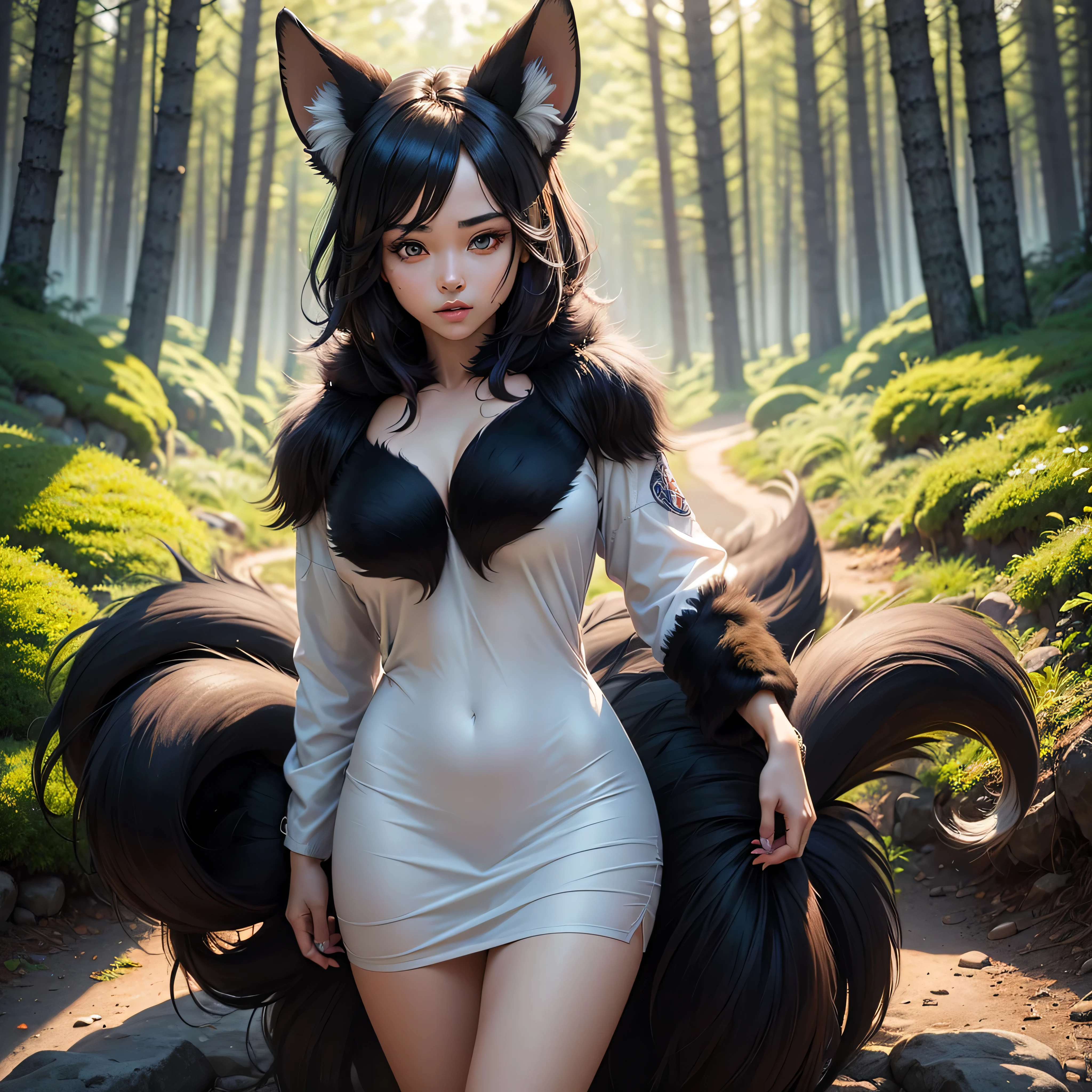 (full body shot at distance ) , (((1girl))), (realistic fox-girl with black hair and nine tails) , (nine tails with black fur:2.2) , (image centered on subject with her tails spread behind her:1.5) , (beautiful human face, high cheekbones, green eyes fox ears) , (very detailed sinto clothes:2.3) , inspired by Sugimura Jihei, delicate and fine, (tentacles:fox tails:0.5), white form, inspired by Sōami, jormungand, mystical creatures, realistic, ultra detailed, dynamic pose, sunrise lighting, detailed forest background