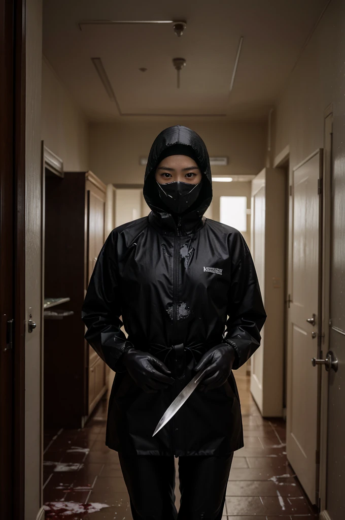 korean girl, (behind corpse, surgical mask), multiple girls, holding knife, stabbing, black raincoat, black gloves, hood up, room full of blood, black wet suit, holding knife, black gloves, behind corpse, blood splatter, short hair, night, mass murderer, robbery, in the house,
