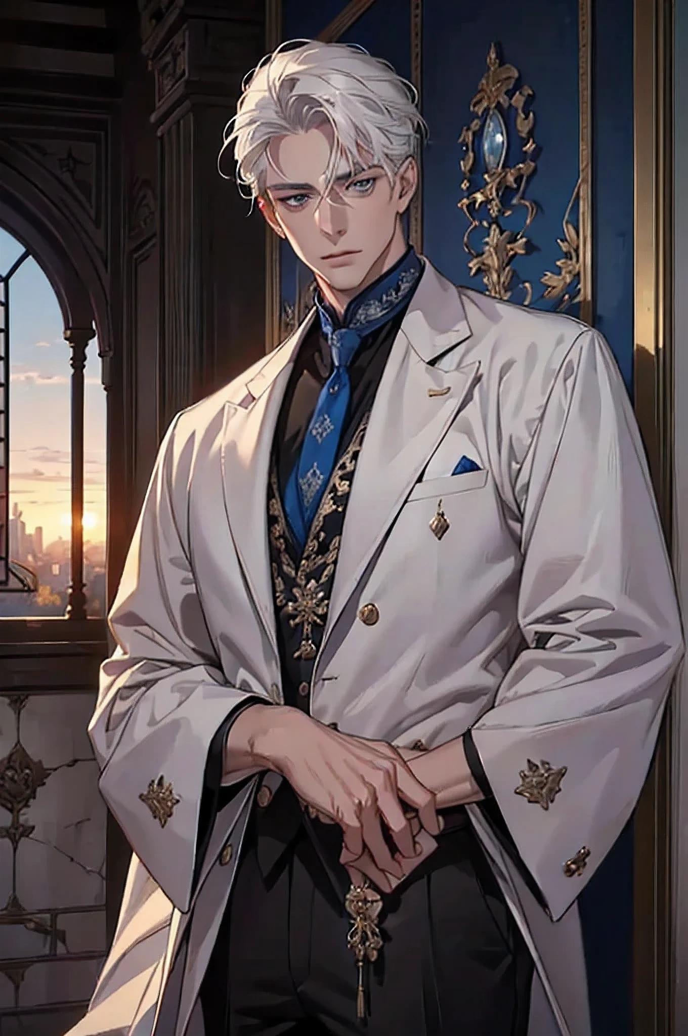 ((masterpiece:1.2, Best quality)), 4k, adult, European face, 1 person, male, mature, masculine, Beautiful, very tall, Muscles, broad shoulders, dark casual wear, White skin, medium white hair, Blue eyes, portrait, sunset, old house with apple trees.