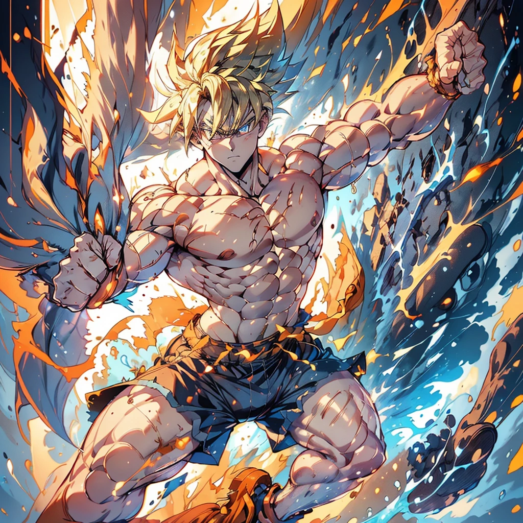 1boy handsome Bakugou Katsuki standing naked flexing and showing off his fit body. In dark deep starry sky background. Dark scenery dynamic low light, highly detailed body. naked flaccid penis and scrotum and wet body, Body is symmetric and good anatomy. Front view, full body, low angle full body