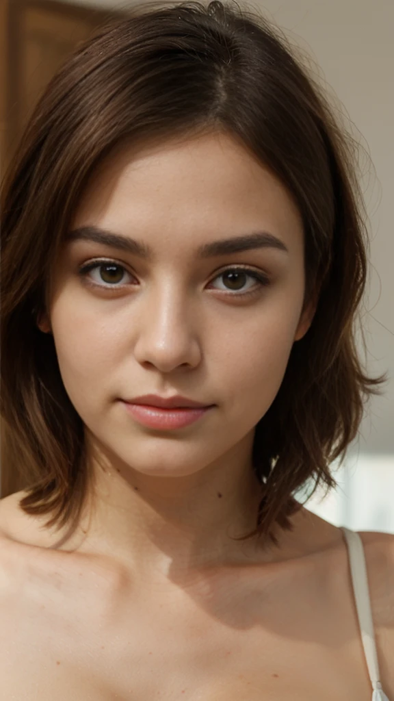 jeune femme de 25 ans, most realistic possible, brune aux yeux verts, most beautiful advantages, straight face, only the head, look the objectiv