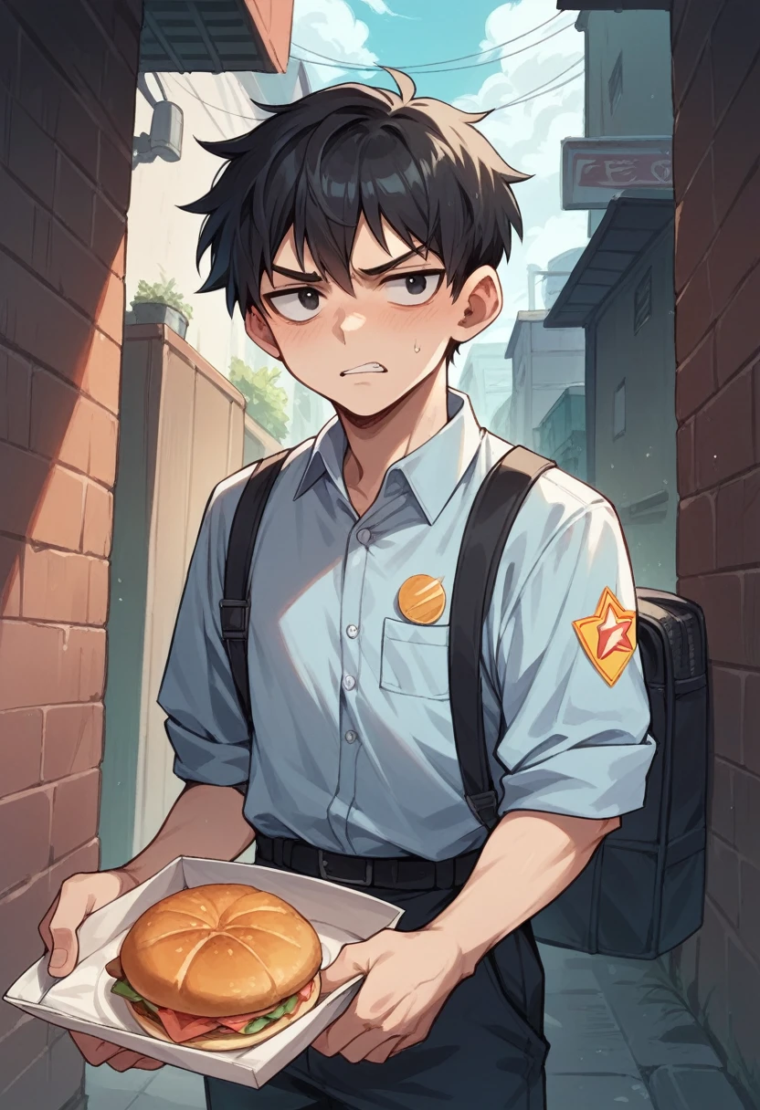 High school age boy, restaurant delivery courier outfit, with a firm, intimidating face, black eyes, short black hair, background of an alley in the night