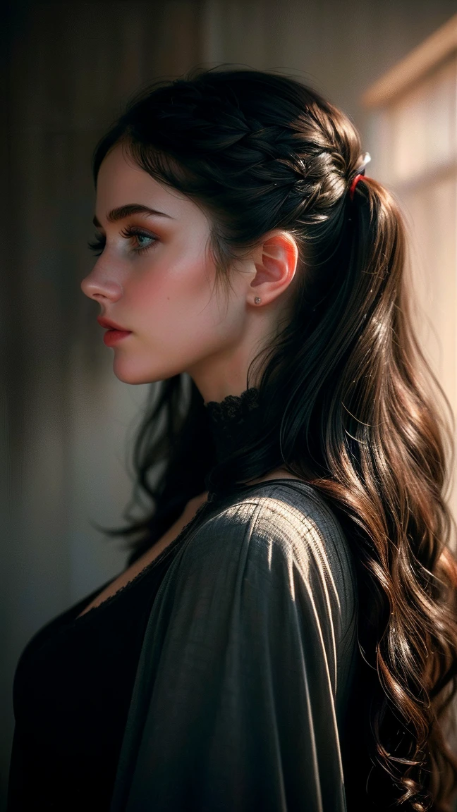 (((ultra realistic))) Photo, masterpiece, top quality, (pale skin), (Ultra detailed face and eyes:1.3), 1 girl, In Lifchik, (Eye makeup, mascara), ((large detailed lips)), ((Dark wavy hair)), ((Stylish hairstyle)) , (Natural breasts). ((Posing)), photoshoot, (Soft) Lighting, (The play of light and shadows), depth of field, bokeh, (special attention to skin detail: 1.2), Detailed leather texture, skin pores. (Cold atmosphere of the frame. Color range - black, Red, White tones), UDR, ((Film grain)), rays, (Glare), ((portrait, close to the camera, view from the back)) , ultra detialed,
