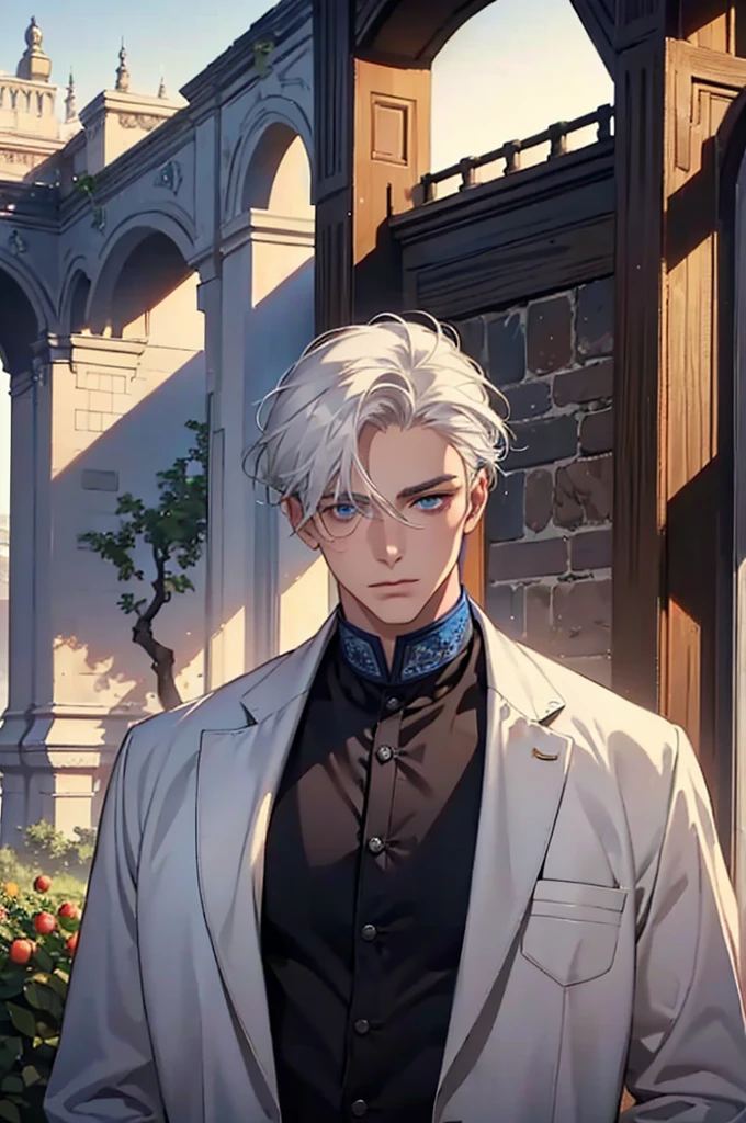 ((masterpiece:1.2, Best quality)), 4k, adult, European face, 1 person, male, mature, masculine, Beautiful, very tall, Muscles, broad shoulders, dark casual wear, White skin, medium white hair, Blue eyes, portrait, sunset, old house with apple trees.