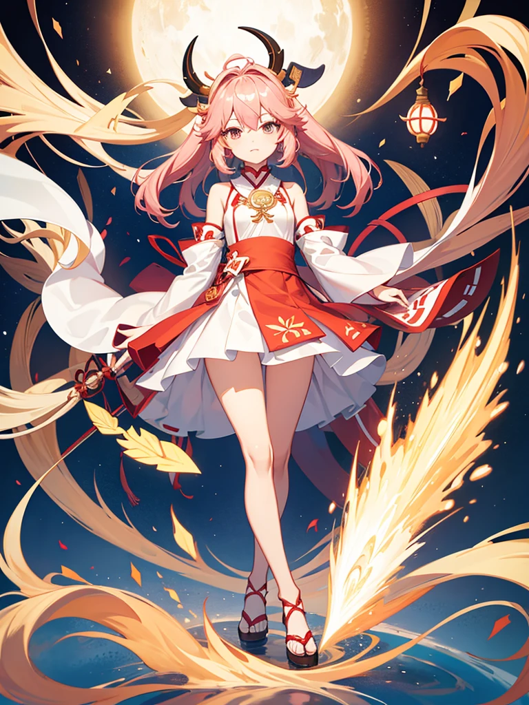 miko dress, big chest, withe hair, goat horn, full body