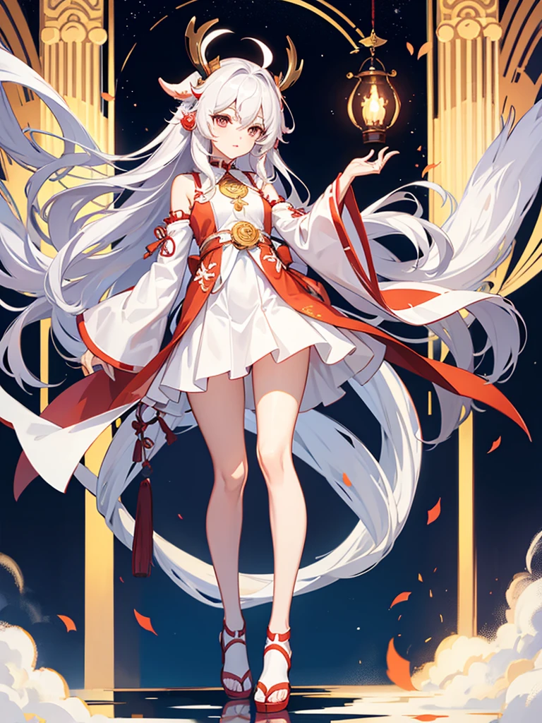 miko dress, big chest, withe hair, goat horn, full body