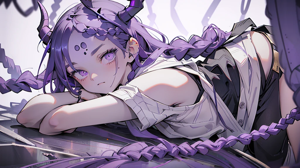 Boy open forehead. Long dark purple hair braided on the left side. Black horns with white ribbon. pale violet eyes. Long white t-shirt. Dark purple shorts. Dark purple knee socks. Robe with a white hood with an ornament of gold rings. Concrete walls purple light