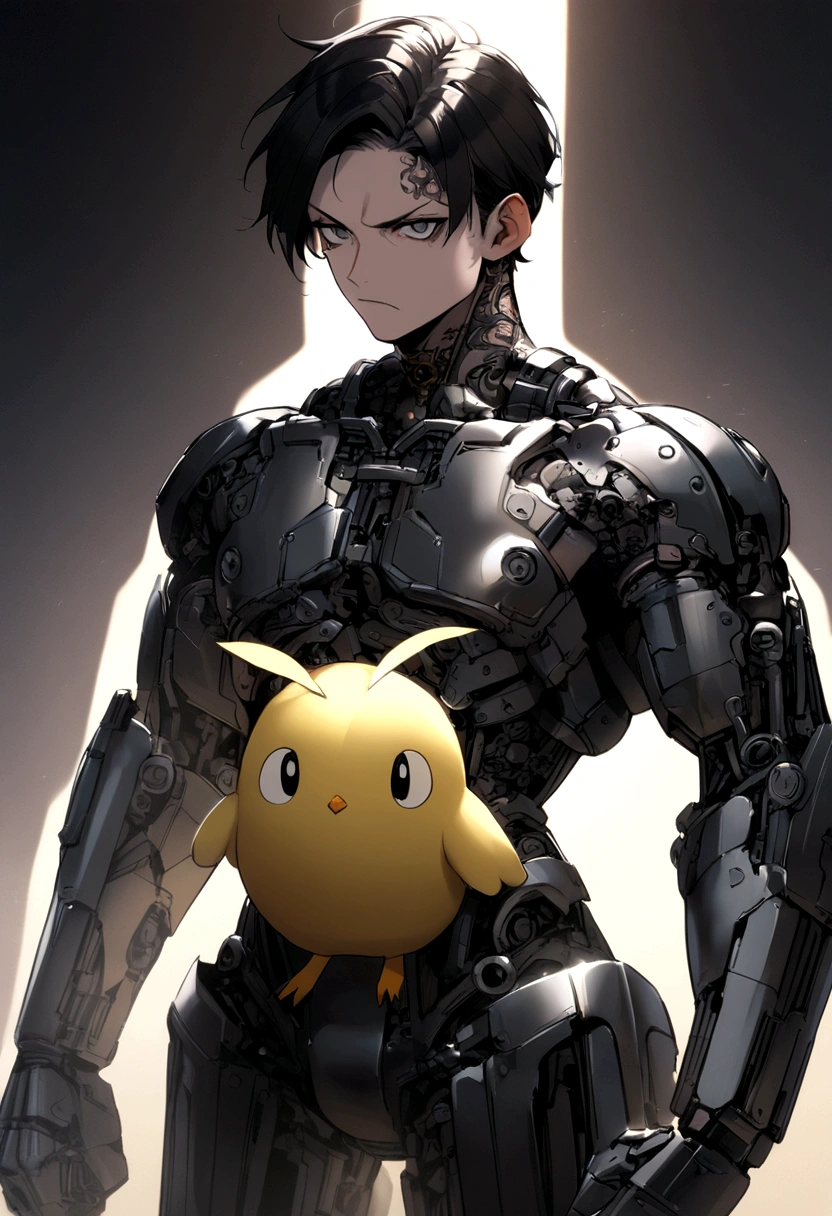 A metal boy with attractive features, long black hair, gray eyes, tattooed, with a strong body and intimidating expression, holding a Tweety stuffed animal 