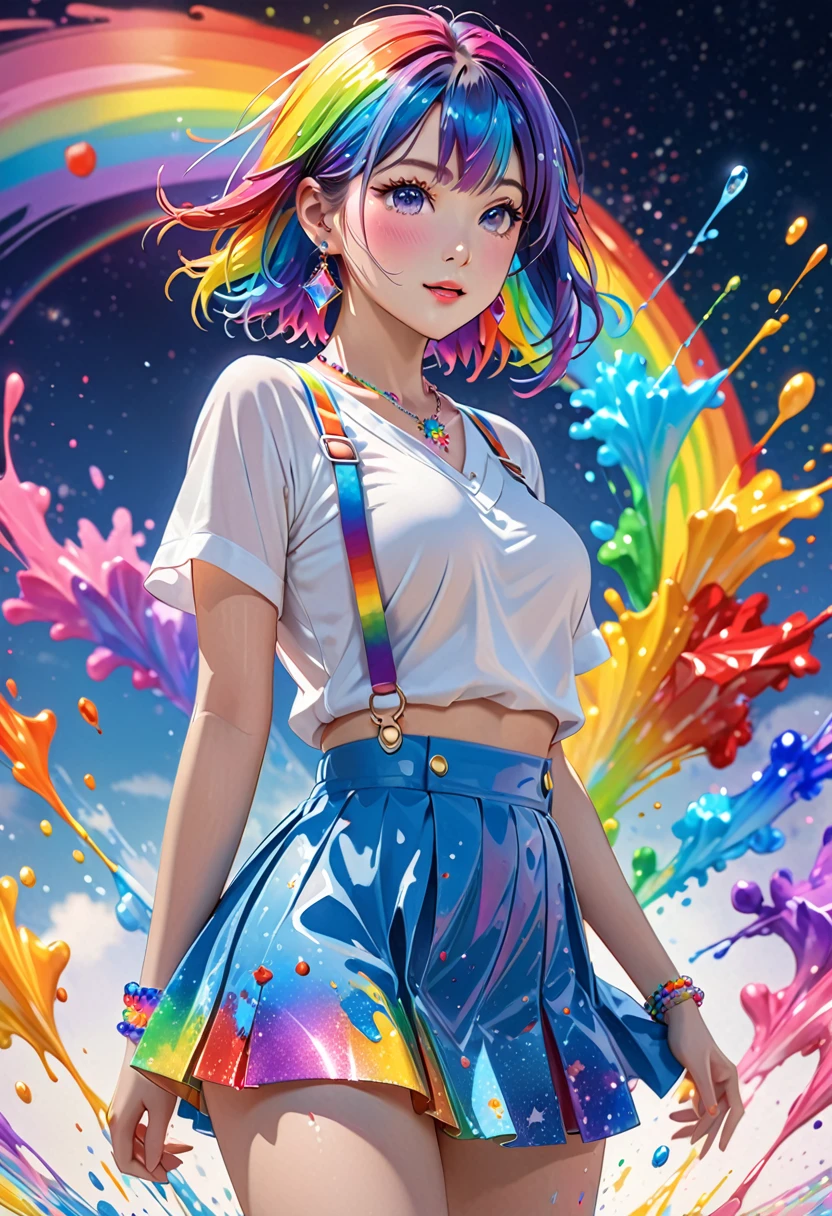 anime, 1 girl, japanese, full body picture, standing, posing for a picture, sexy pose, naughty, hands holding her waist, masterpiece,High resolution,8K,Art,digit,Three-dimensional,Realism,Kyoto Animation Style,your name movie style, ((Paint splashes,splash of color, Ink splash)),looking into camera,Soft Light,Glowing skin,(1 female: 1.3),(alone: 1.4),(((colorful hair))),((Colorful suspender skirt)),(Rainbow crystal hair clip),(Rainbow crystal small necklace),(Rainbow crystal small earrings),(Rainbow crystal bracelet),(Rainbow crystal ring),Long eyelashes,Slender legs,Short Bob,Close-up of upper body,Close-up,close view,colorful background,(Eyes as deep as the starry sky),(Shut up),(blush),(shy),(lovely and delicate)