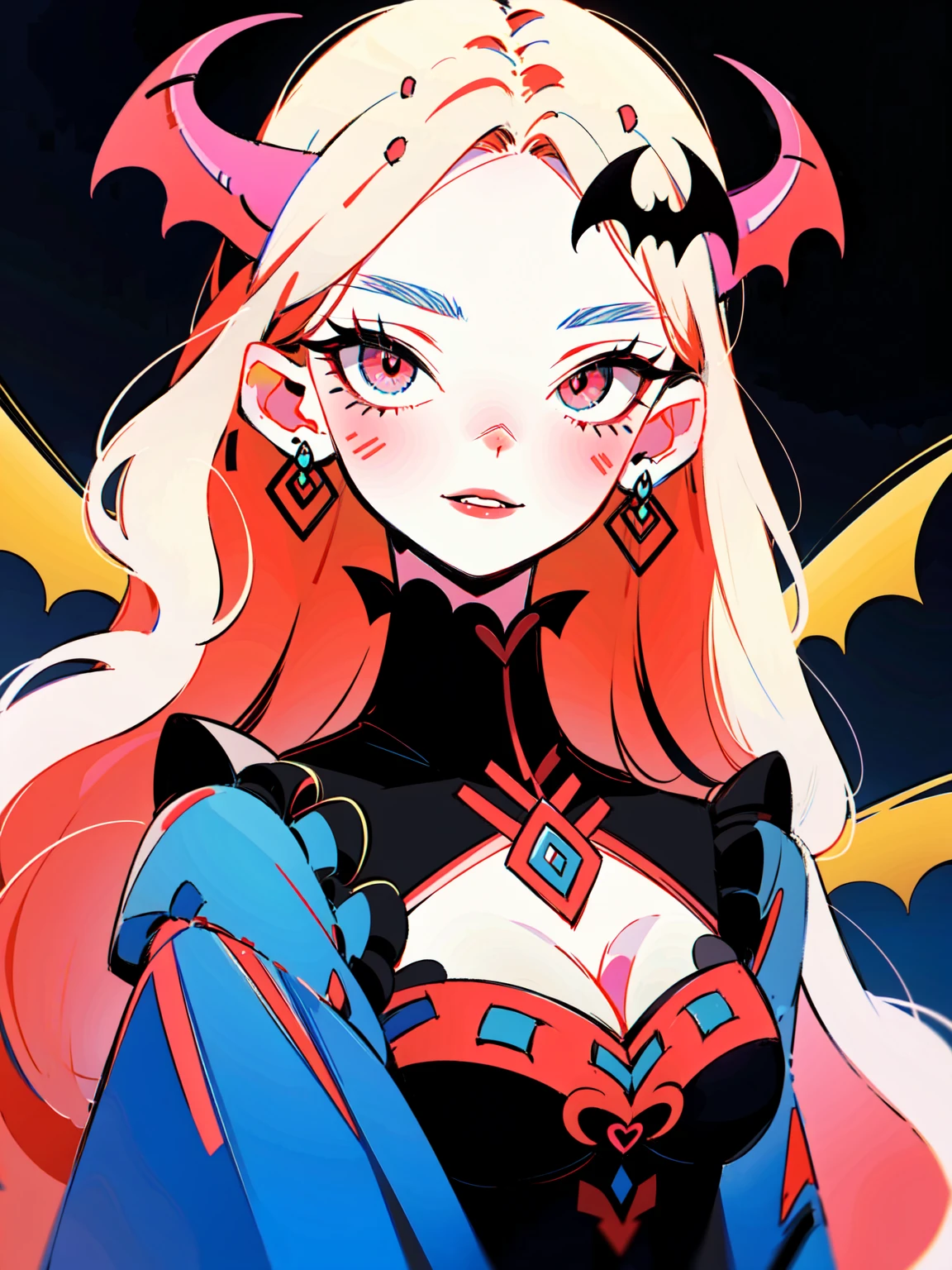 4lb1n0, 1girl, deep crimson hair, Big eyes, Flower pattern on eyes, Pupil shape, radiant black eyes, bat-shaped earrings, gothic lace dress, glossy blood-red lips, portrait with a sinister smile, abandoned castle background, masterpiece, best quality, cut3h0rnstyl3, slightly tilted head, horns, (Vampire Demon)