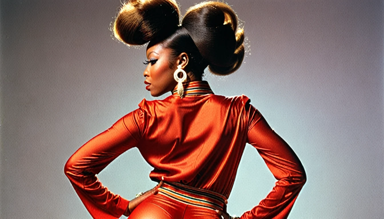 1970s photo of African-American female rapper "Sexyy Red" wearing 1970s attire, from behind, wide shot,